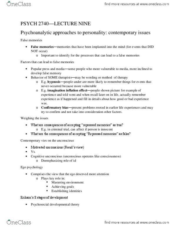 PSYC 2740 Lecture Notes - Lecture 9: Ego Psychology, Object Relations Theory, Agreeableness thumbnail