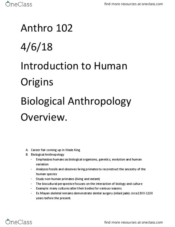 ANTH 102 Lecture Notes - Lecture 2: Forensic Anthropology, Biological Anthropology, Primatology thumbnail