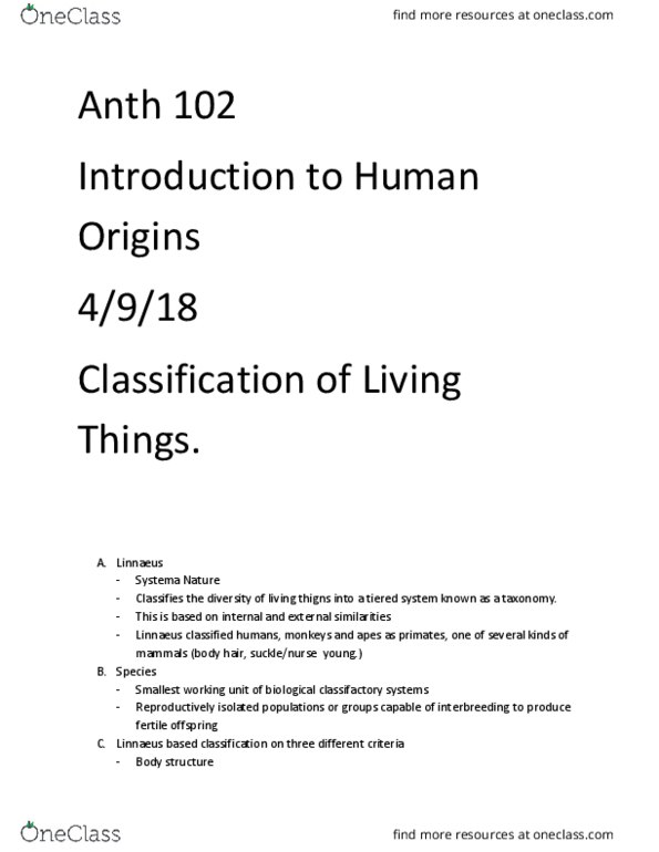 ANTH 102 Chapter Notes - Chapter 1: Carl Linnaeus, Linnaean Taxonomy thumbnail