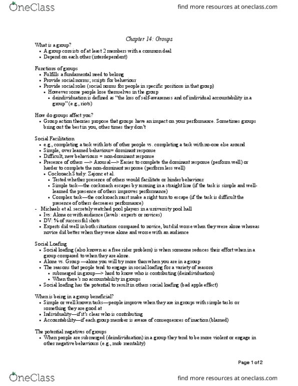 PSYC 2100 Chapter Notes - Chapter 14: Free Rider Problem, Cockroach, Social Loafing thumbnail