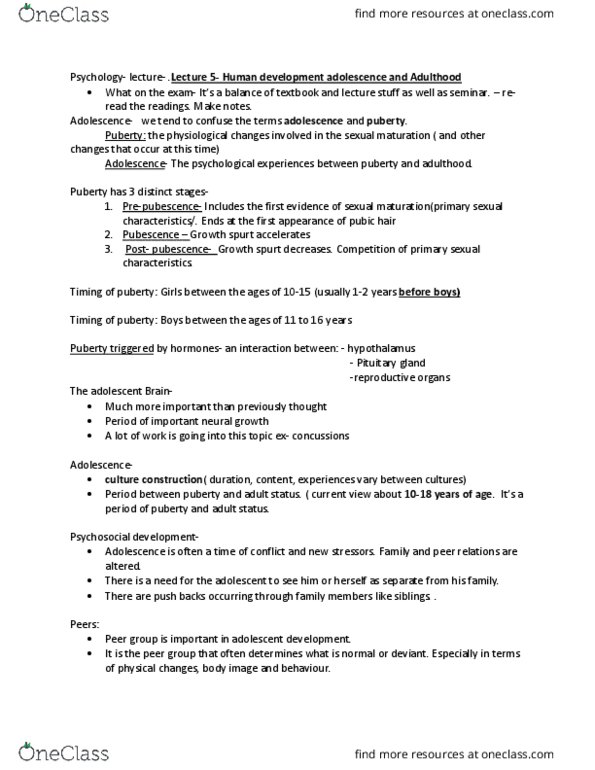 PSYC 1030H Lecture Notes - Lecture 5: Emerging Adulthood And Early Adulthood, Sex Organ, James Marcia thumbnail