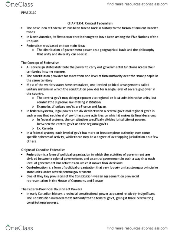 PPAS 2110 Chapter Notes - Chapter 4: Canadian Federalism, Concurrent Powers thumbnail