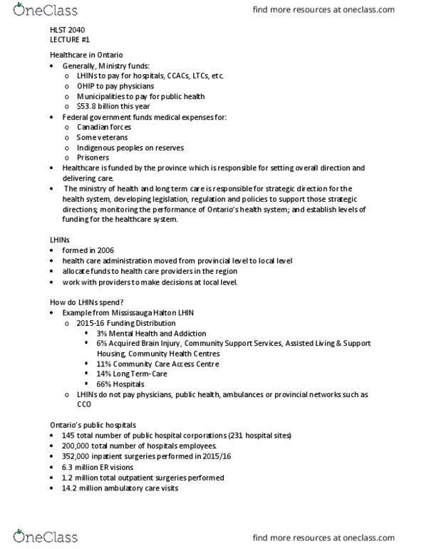 HLST 2040 Lecture Notes - Lecture 1: Ontario Health Insurance Plan, Workflow, Medical Research thumbnail