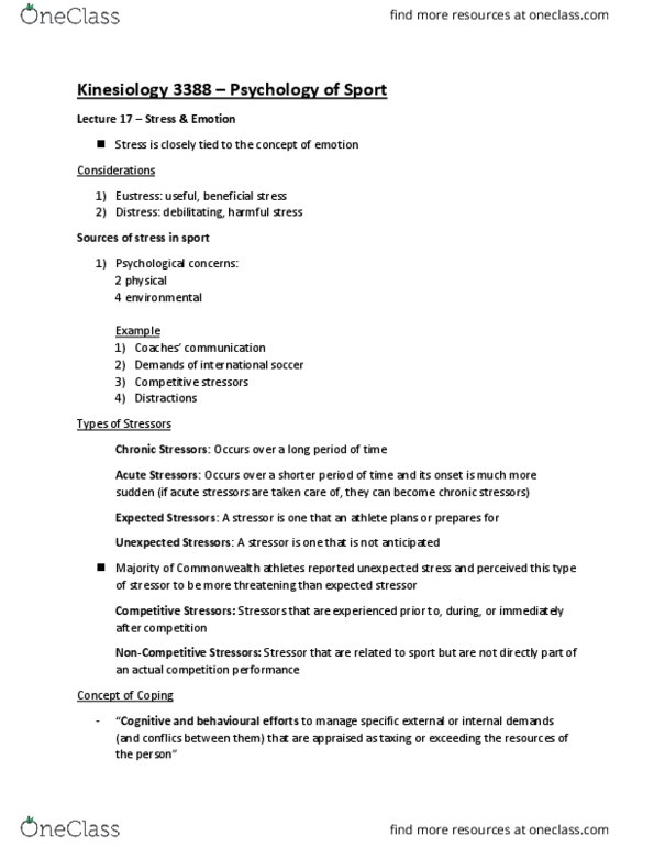 Kinesiology 3388A/B Lecture Notes - Lecture 17: Aerobic Exercise, Meta-Analysis, Stressor thumbnail