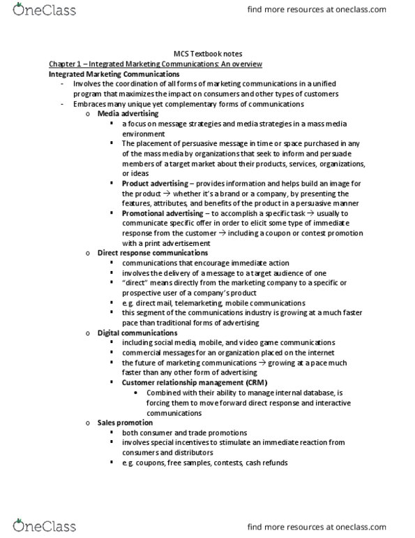 MCS 3620 Chapter Notes - Chapter 1-2: Personal Selling, Sales Promotion, Integrated Marketing Communications thumbnail