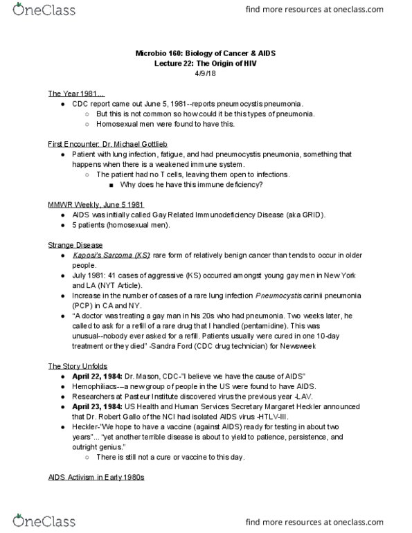 MICROBIO 160 Lecture Notes - Lecture 22: Serial Passage, Robert Gallo, Sarcoma thumbnail