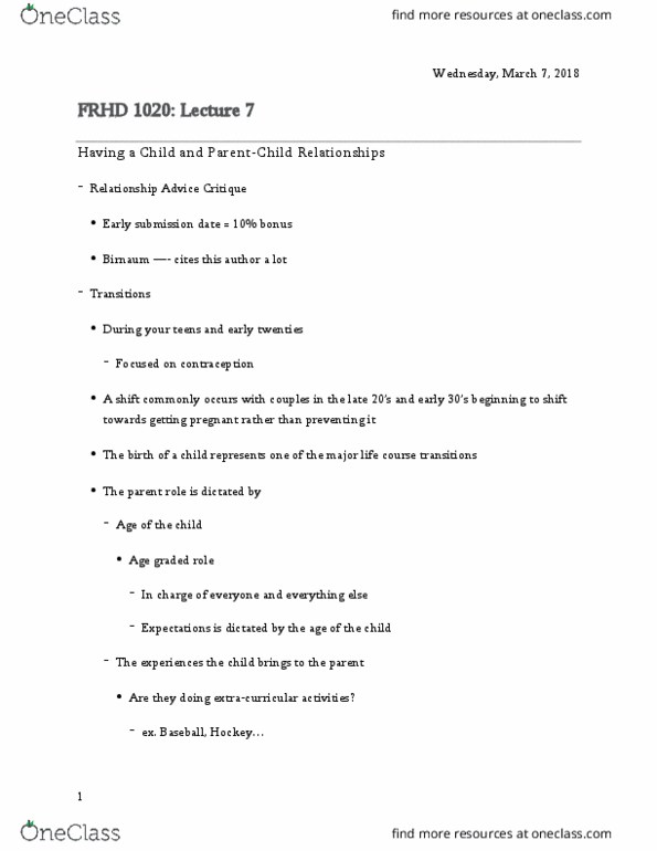 FRHD 1020 Lecture Notes - Lecture 7: Parental Leave, Top Priority, Socioeconomic Status thumbnail