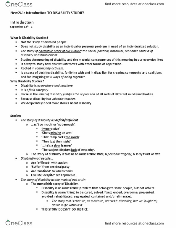 NEW241Y1 Lecture Notes - Lecture 1: Ableism, Slow Learner, Cerebral Palsy thumbnail