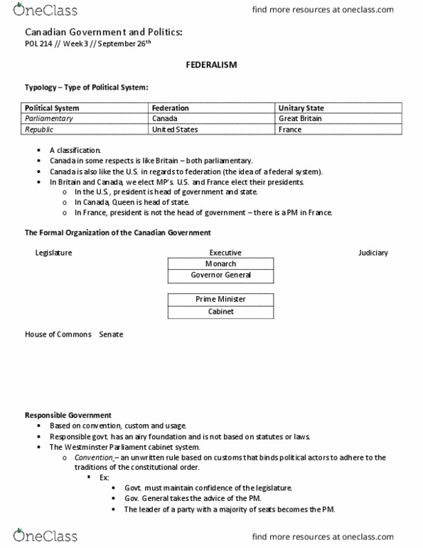 POL214Y1 Lecture Notes - Lecture 3: Responsible Government, Minority Government, Royal Assent thumbnail