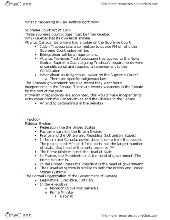 POL214Y1 Lecture Notes - Lecture 3: Supreme Court Act, Justin Trudeau, Responsible Government thumbnail