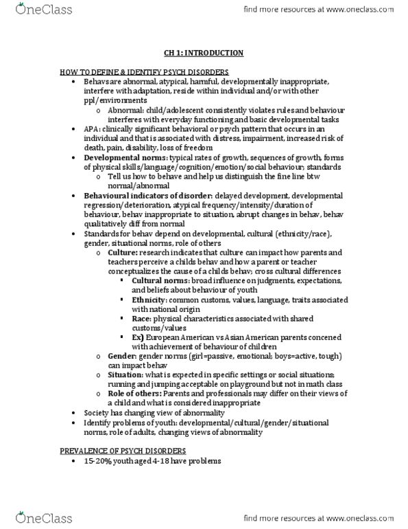 Psychology 2042A/B Chapter Notes - Chapter 1: Autism Spectrum, Conduct Disorder, Language Disorder thumbnail
