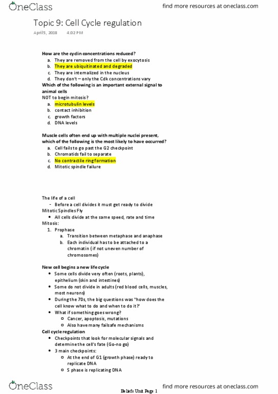 BIO 1140 Lecture Notes - Lecture 9: Contact Inhibition, S Phase, Chromatin thumbnail