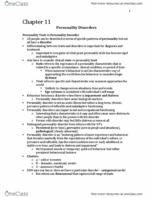Psychology 2030A/B Chapter Notes - Chapter 11: Anxiety Disorder, Narcissistic Personality Disorder, Impulsivity thumbnail