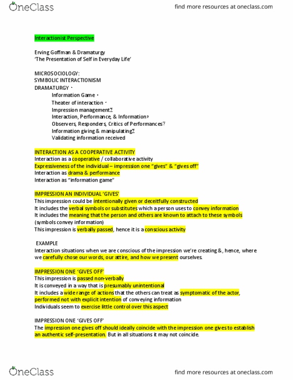 SYG-1000 Lecture Notes - Lecture 16: Impression Management, Erving Goffman thumbnail