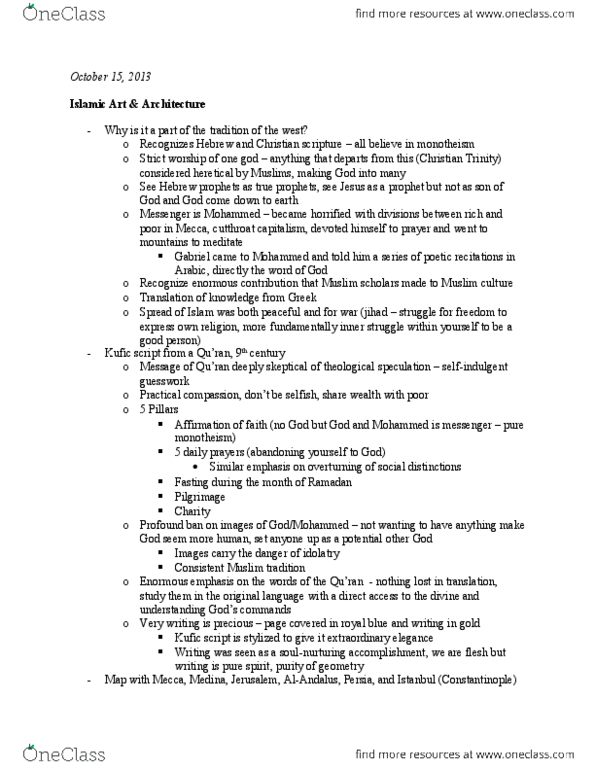 ARTH 120 Lecture Notes - Lecture 6: Salah, Kufic, Selim Ii thumbnail