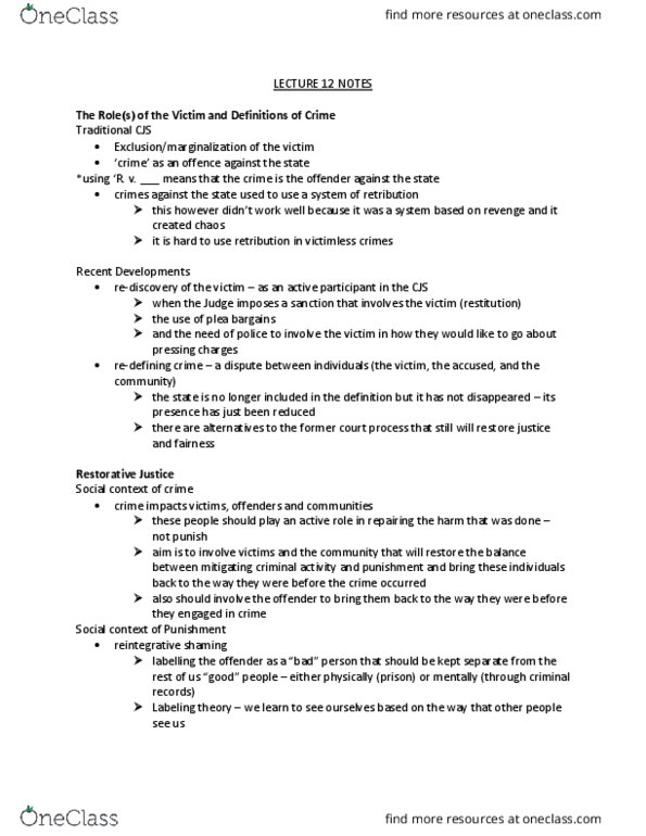 CRM 200 Lecture Notes - Lecture 12: Victimless Crime, Crown Attorney, Labeling Theory thumbnail