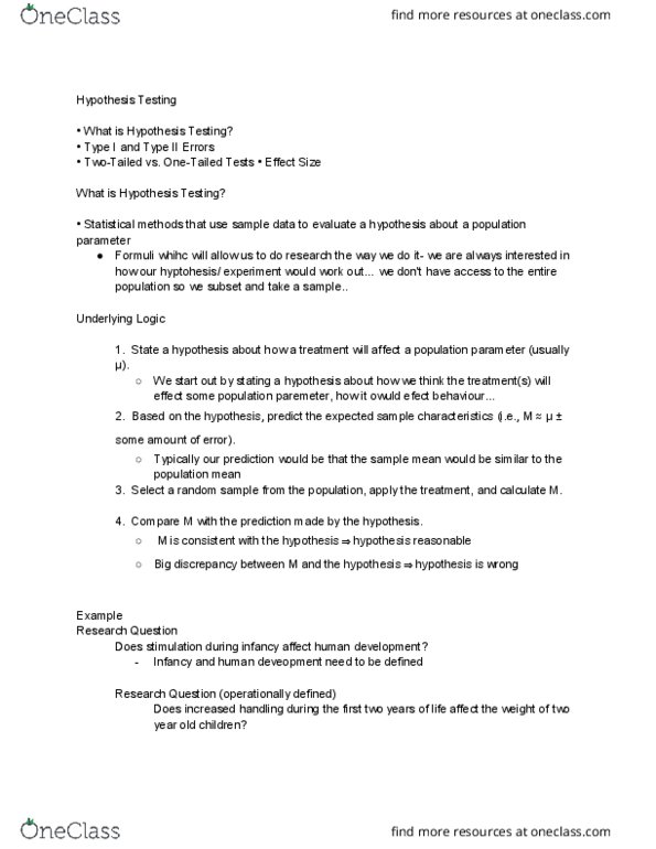 PSYC 2020 Lecture Notes - Lecture 7: Test Statistic, Statistical Parameter, Null Hypothesis thumbnail