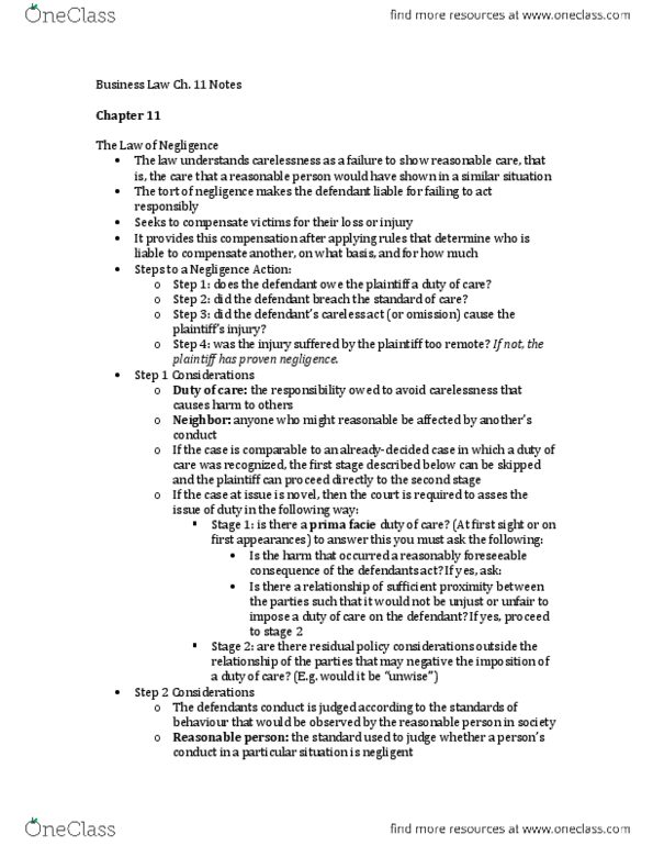 Management and Organizational Studies 2275A/B Chapter Notes - Chapter 11: Reasonable Person, Strict Liability, Contributory Negligence thumbnail