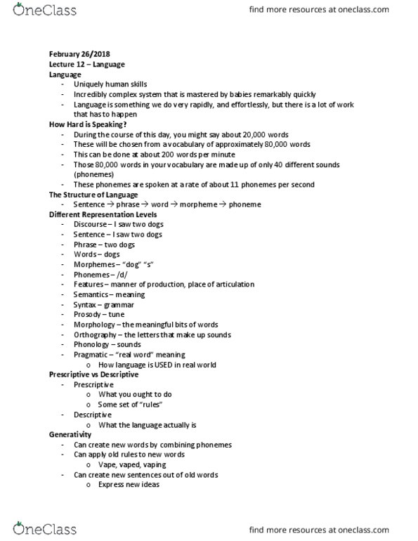 PSYCH 2H03 Lecture Notes - Lecture 12: Affricate Consonant, Parsing, Vocal Folds thumbnail