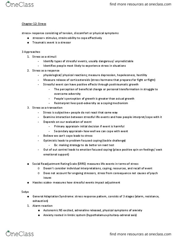 PSYC 1200 Chapter Notes - Chapter 12: Behavioural Sciences, Limbic System, Cortisol thumbnail