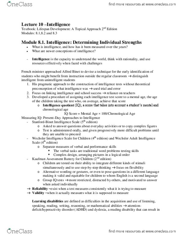 HLTH 220 Lecture Notes - Lecture 10: Wechsler Adult Intelligence Scale, Intelligence Quotient, Fluid And Crystallized Intelligence thumbnail