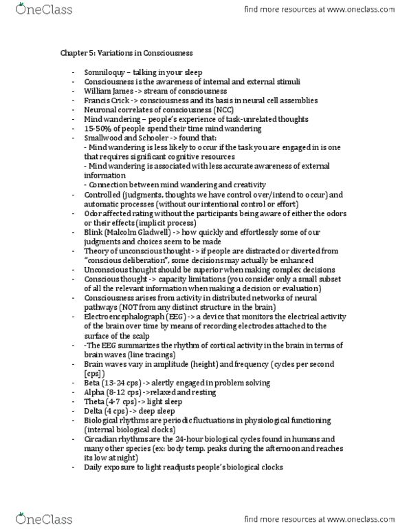 PSY100Y5 Chapter Notes - Chapter 5: Circadian Rhythm, Jet Lag, Mind-Wandering thumbnail