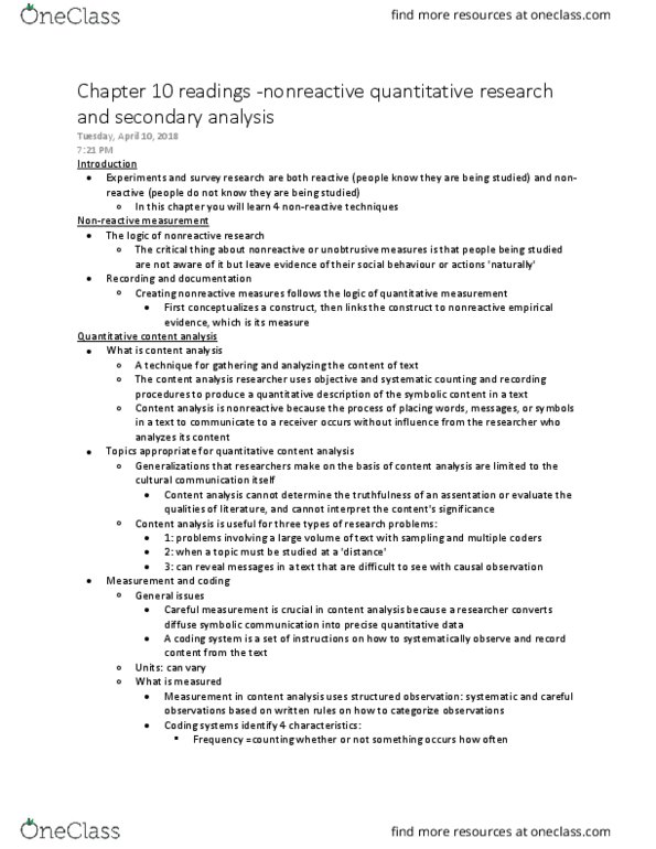 Sociology 2206A/B Chapter Notes - Chapter 10: Main Source, Content Analysis, Missing Data thumbnail