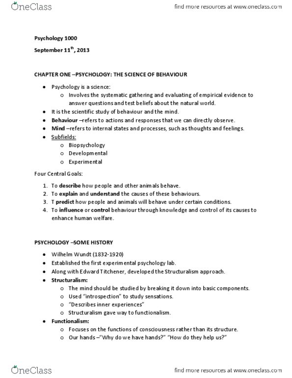 Psychology 1000 Chapter Notes - Chapter 1: Little Albert Experiment, Edward B. Titchener, Edward Thorndike thumbnail