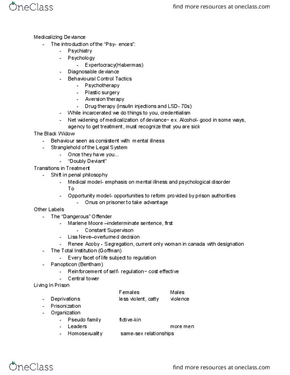 Sociology 3358F/G Lecture Notes - Lecture 10: Aversion Therapy, Plastic Surgery, Medical Model thumbnail