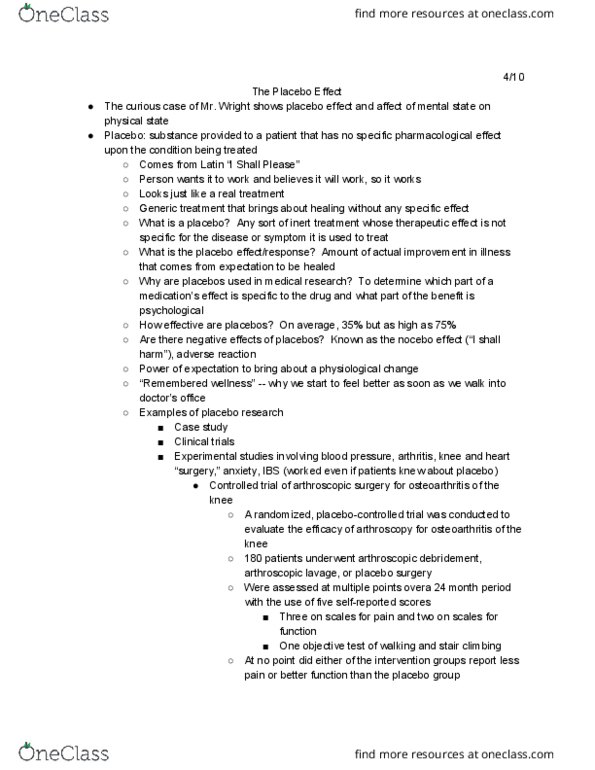 PSC 126 Lecture Notes - Lecture 2: Arthroscopy, Nocebo, Debridement thumbnail