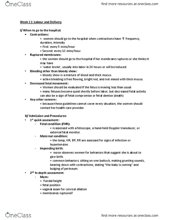 Practical Nursing PNH200 Lecture Notes - Lecture 11: Cervical Dilation, Fundal Height, Fetal Position thumbnail