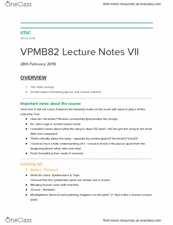 VPMB82H3 Lecture Notes - Lecture 7: Word Painting, Serialism, Minor Places In Arda thumbnail