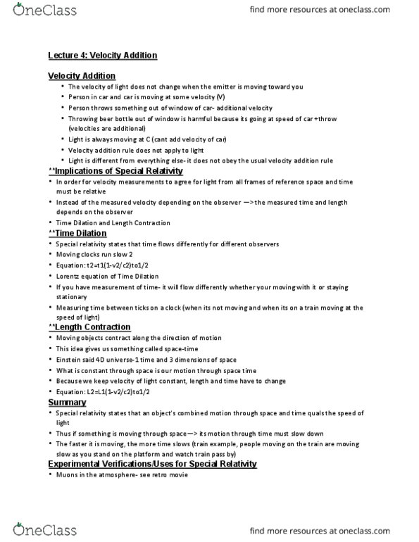 PHYS 180 Lecture Notes - Lecture 4: Velocity-Addition Formula, Lorentz Force, Special Relativity thumbnail