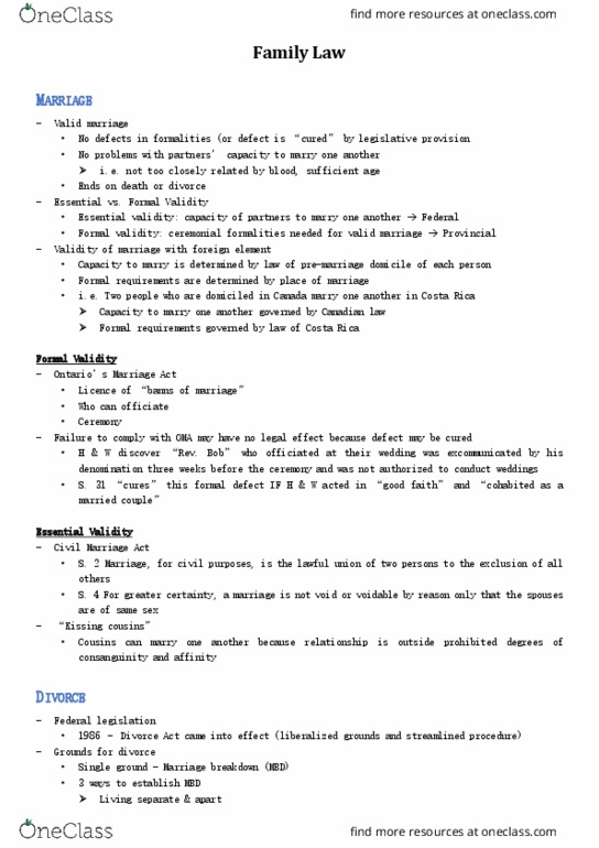 Law 2101 Lecture Notes - Lecture 11: Civil Marriage Act, Family Law, Child Support thumbnail