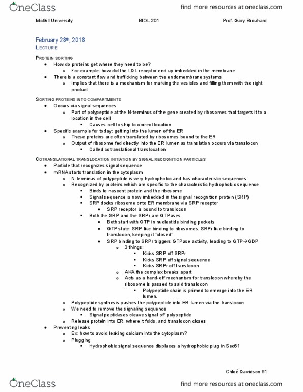 BIOL 201 Lecture Notes - Lecture 20: Translocon, Ldl Receptor, Alpha Helix thumbnail