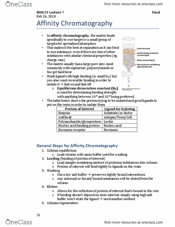 BIOC23H3 Lecture Notes - Lecture 6: Affinity Chromatography, Elution, Sepharose thumbnail
