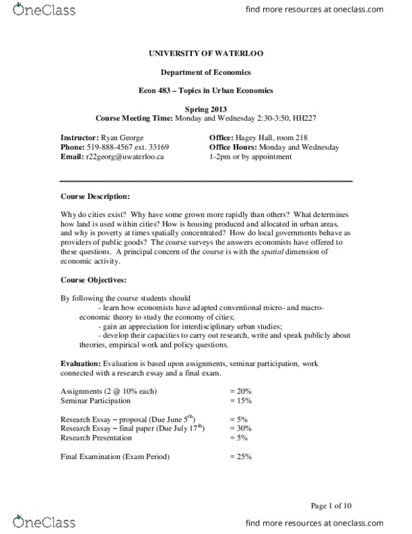 ECON483 Lecture Notes - Lecture 1: University Of Waterloo, Thesis Statement, Urban Studies thumbnail