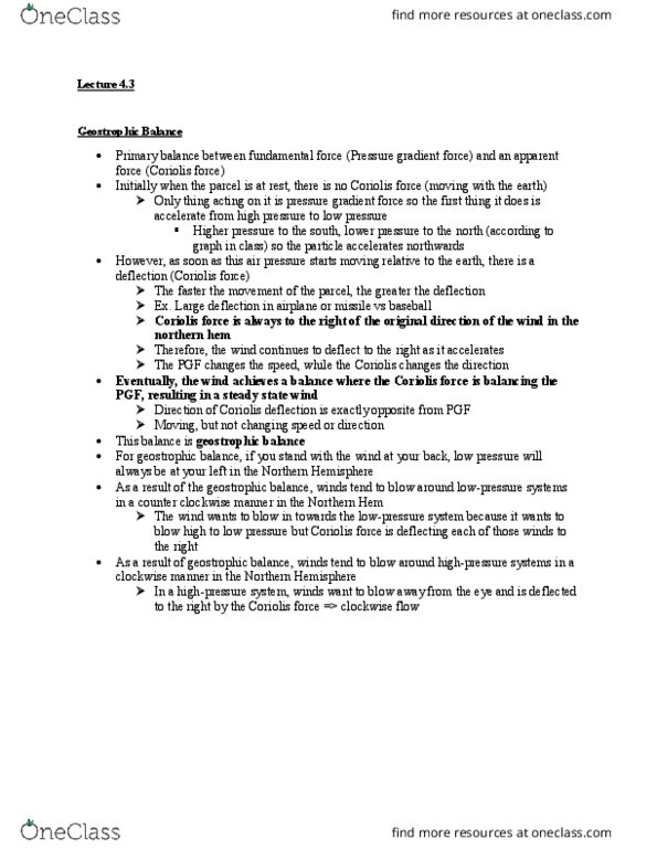 ATOC 184 Lecture Notes - Lecture 4: Pressure-Gradient Force, Geostrophic Wind, Coriolis Force thumbnail