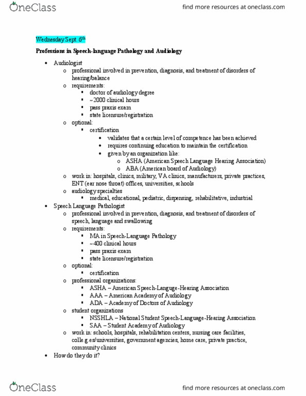 SLHS 1150 Lecture Notes - Lecture 2: American Speech–Language–Hearing Association, Audiology, Accent Reduction thumbnail