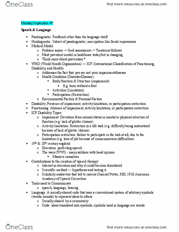 SLHS 1150 Lecture Notes - Lecture 1: World Health Organization, Glottis, Paralanguage thumbnail