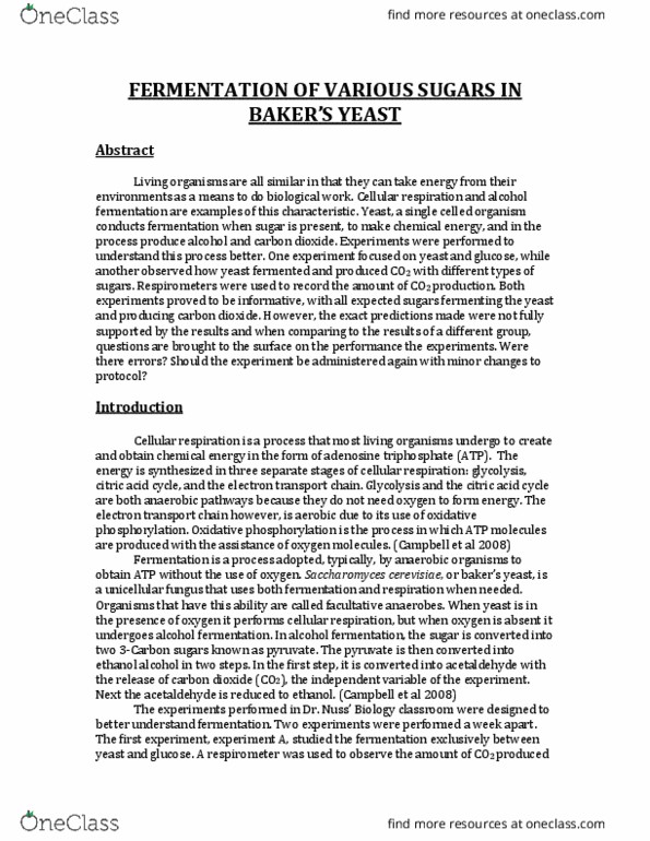 BIOL 204 Chapter Notes - Chapter 1: Saccharomyces Cerevisiae, Facultative Anaerobic Organism, Oxidative Phosphorylation thumbnail