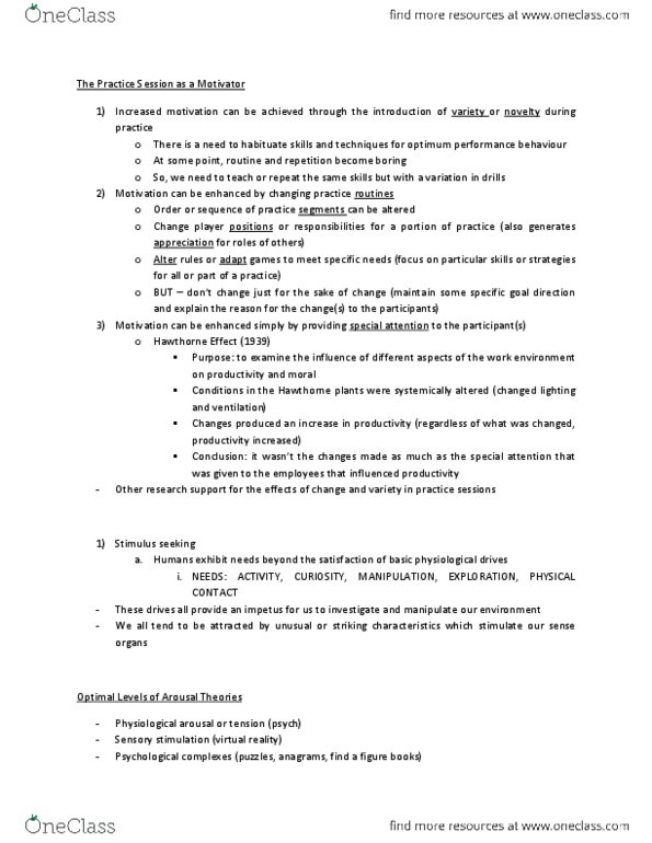 Kinesiology 1088A/B Lecture Notes - Hawthorne Effect, Habituation, Virtual Reality thumbnail