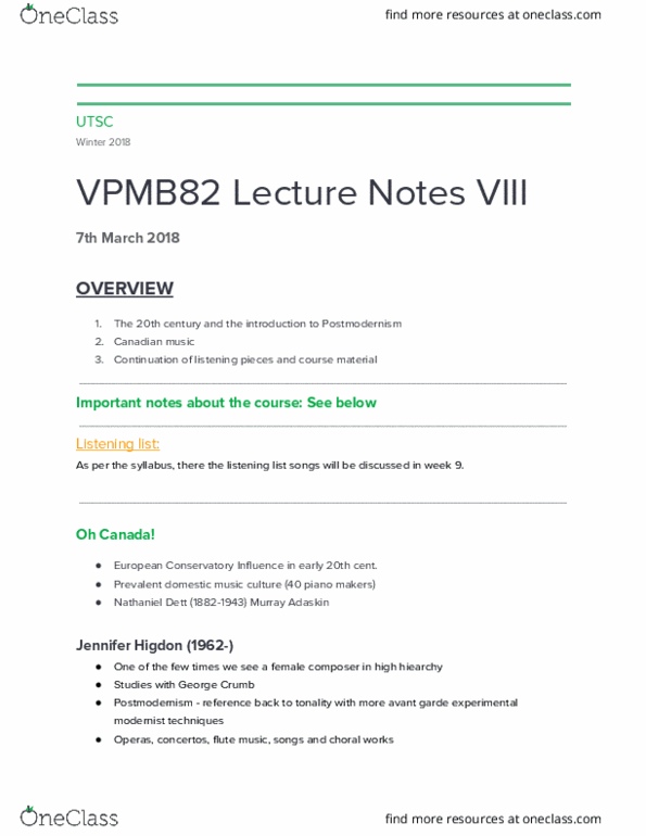 VPMB82H3 Lecture Notes - Lecture 8: Murray Adaskin, Jennifer Higdon, Robert Nathaniel Dett thumbnail