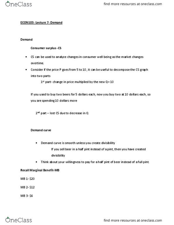 ECON 103 Lecture Notes - Lecture 7: Economic Surplus, Demand Curve, Marginal Utility thumbnail