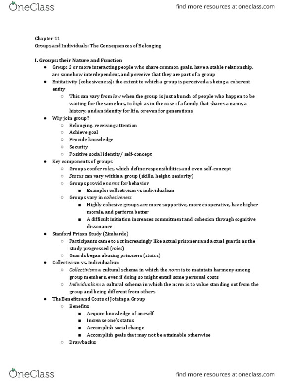 PSY 210 Lecture Notes - Lecture 14: Stanford Prison Experiment, Group Cohesiveness, Cognitive Dissonance thumbnail