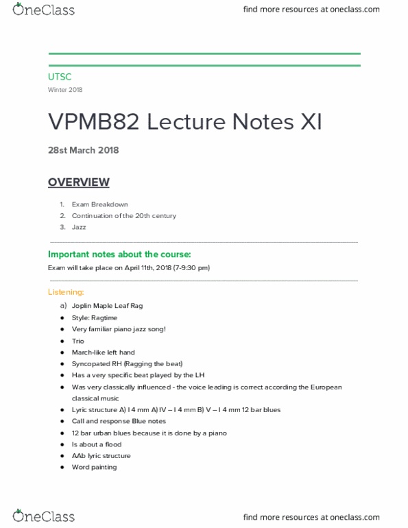 VPMB82H3 Lecture Notes - Lecture 11: Classical Music, Bessie Smith, Contrafact thumbnail