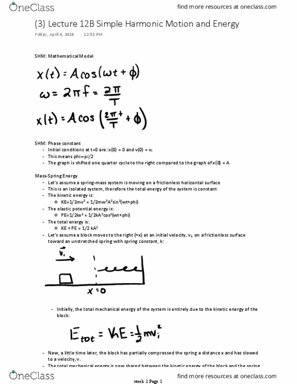 PHYS 1C Lecture Notes - Lecture 3: Simple Harmonic Motion, Equilibrium Point thumbnail