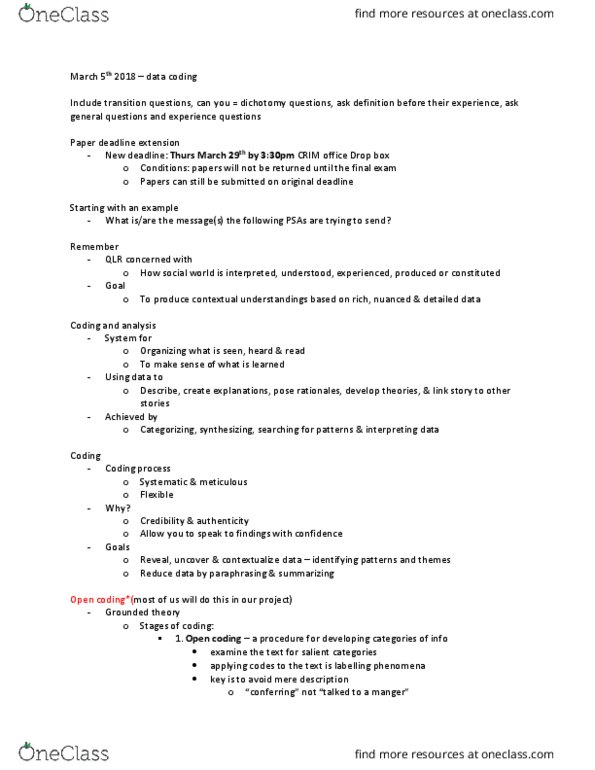 CRIM 321 Lecture Notes - Lecture 8: Grounded Theory, Data Analysis thumbnail