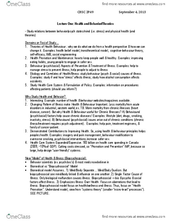 HLSC 2P49 Lecture Notes - Transtheoretical Model, Safe Sex, Pain Management thumbnail