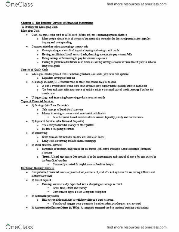 MCS 2100 Chapter Notes - Chapter 4: Payment Card, Debit Card, Cash Cash thumbnail